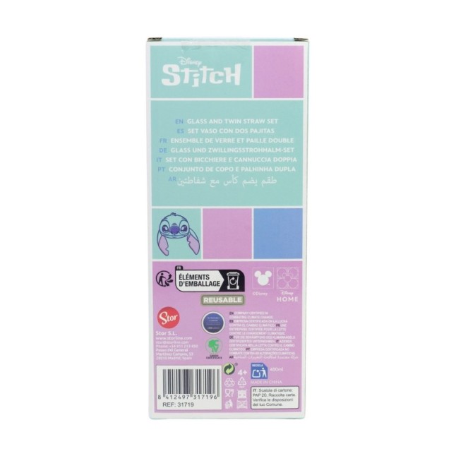 GLASS & TWIN STRAWS SET 480 ML STITCH ALOHA