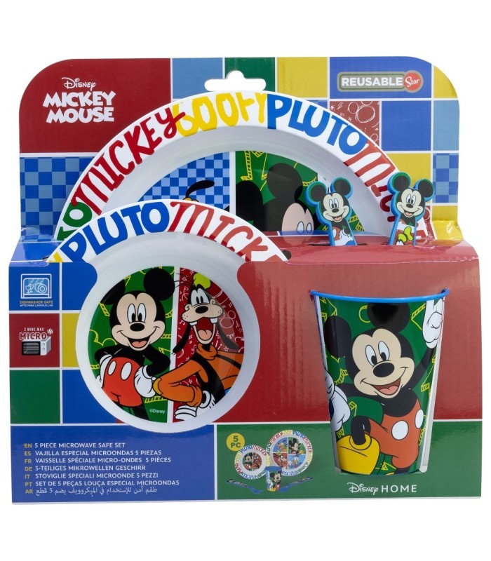 5 PCS MCIRO SET (PLATE, BOWL, TUMBLER, CUTLERY) MICKEY HAS FUN