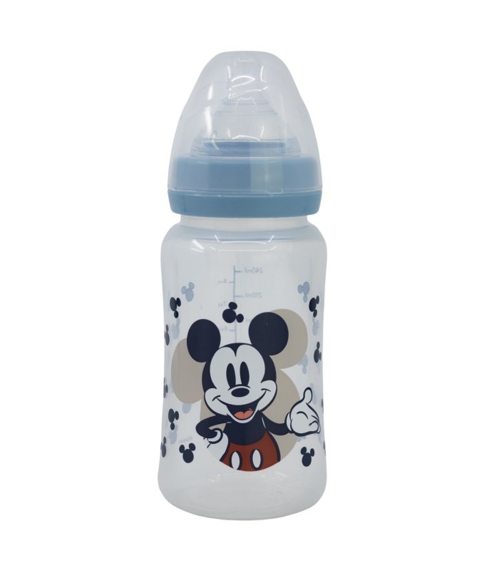 BABY 8 OZ WIDENECK BOTTLE SILICONE TEAT 3 POSITIONS MICKEY MOUSE FULL OF SMILES