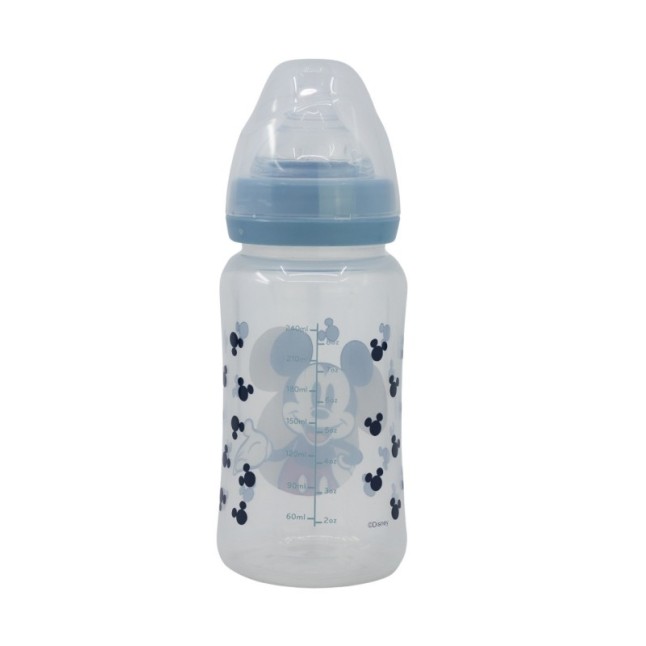 BABY 8 OZ WIDENECK BOTTLE SILICONE TEAT 3 POSITIONS MICKEY MOUSE FULL OF SMILES