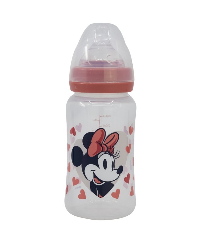 BABY 8 OZ WIDENECK BOTTLE SILICONE TEAT 3 POSITIONSS MINNIE MOUSE HEART FULL