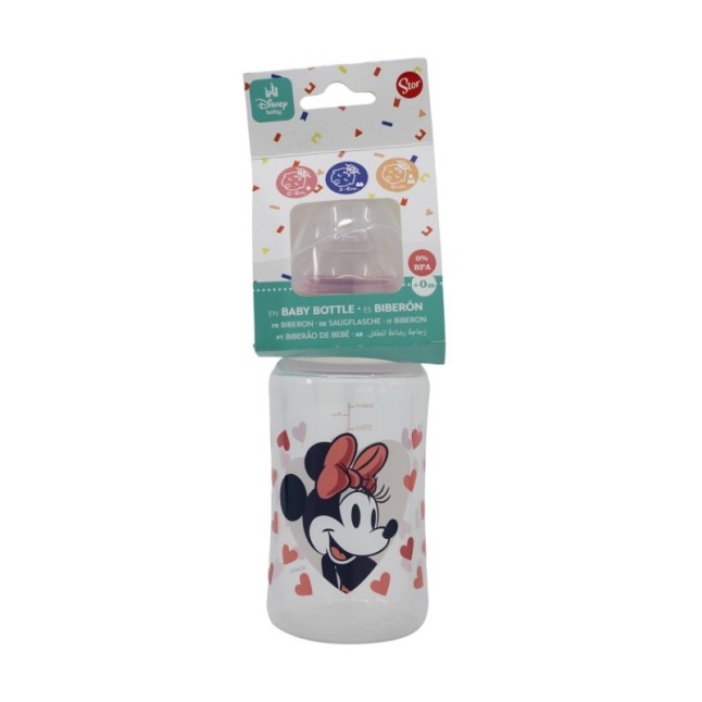 BABY 8 OZ WIDENECK BOTTLE SILICONE TEAT 3 POSITIONSS MINNIE MOUSE HEART FULL