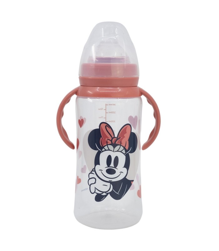 BABY 12 OZ WIDENECK BOTTLE SILICONE TEAT 3 POSITIONS WITH HANDLES MINNIE MOUSE HEART FULL
