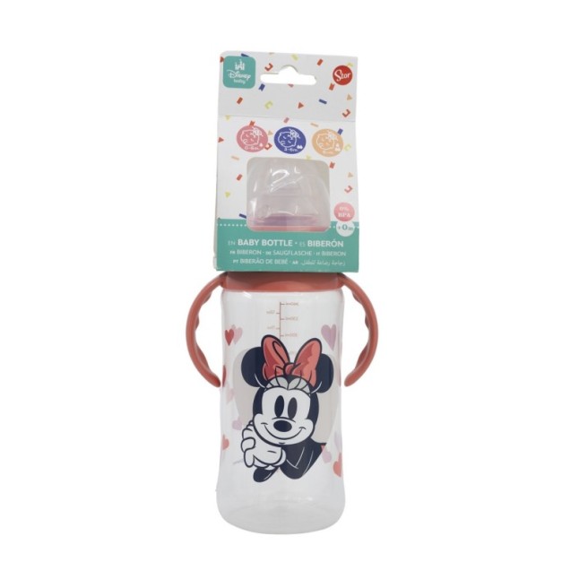 BABY 12 OZ WIDENECK BOTTLE SILICONE TEAT 3 POSITIONS WITH HANDLES MINNIE MOUSE HEART FULL