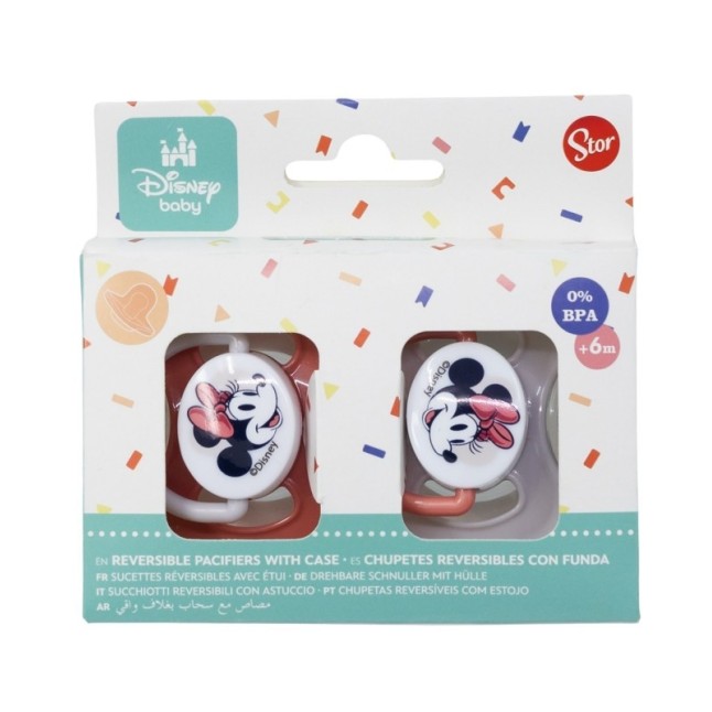 BABY 2 PCS SET SYMMETRICAL PACIFIER SILICONE +6 M WITH COVER MINNIE MOUSE HEART FULL