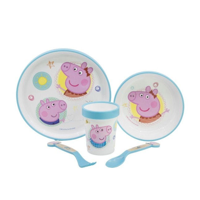 NON SLIP 5 PCS BICOLOR PREMIUM SET (PLATE, BOWL, TUMBLER, CUTLERY) IN STANDARD BOX PEPPA PIG CORE