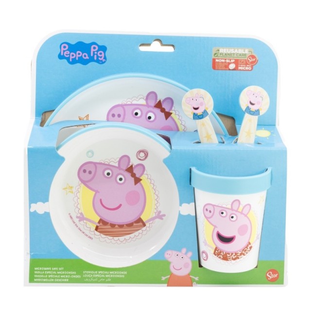 NON SLIP 5 PCS BICOLOR PREMIUM SET (PLATE, BOWL, TUMBLER, CUTLERY) IN STANDARD BOX PEPPA PIG CORE