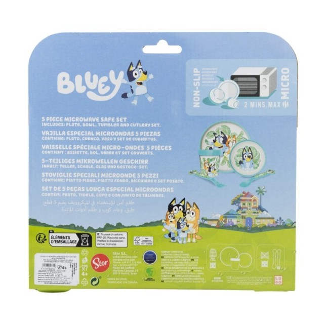 NON SLIP 5 PCS BICOLOR PREMIUM SET (PLATE, BOWL, TUMBLER, CUTLERY) IN STANDARD BOX BLUEY