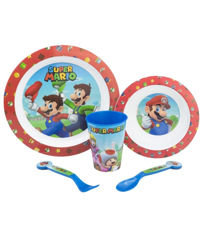 5 PCS  MCIRO SET (PLATE, BOWL, TUMBLER, CUTLERY) SUPER MARIO