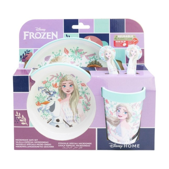 NON SLIP 5 PCS BICOLOR PREMIUM SET (PLATE, BOWL, TUMBLER, CUTLERY) IN STANDARD BOX FROZEN SNOWY TALE
