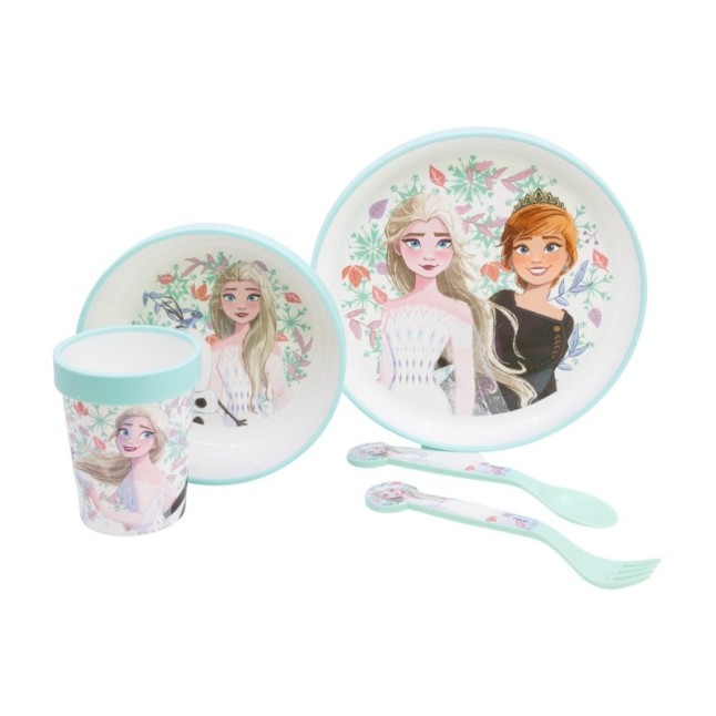 NON SLIP 5 PCS BICOLOR PREMIUM SET (PLATE, BOWL, TUMBLER, CUTLERY) IN STANDARD BOX FROZEN SNOWY TALE