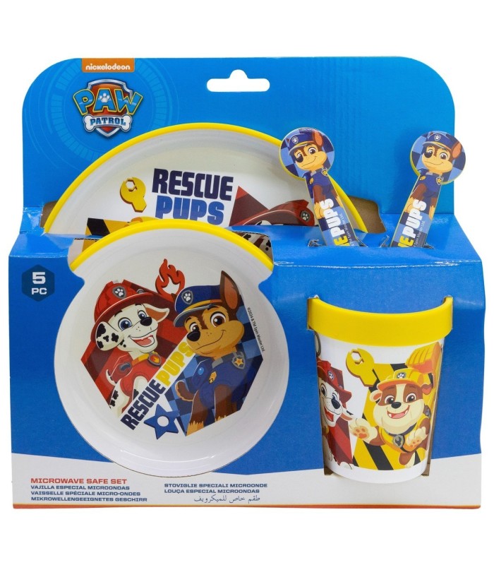 NON SLIP 5 PCS BICOLOR PREMIUM SET (PLATE, BOWL, TUMBLER, CUTLERY) IN STANDARD BOX PAW PATROL BOY RESCUE PUPS