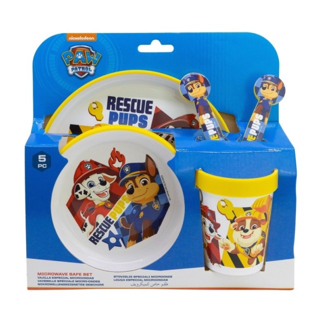 NON SLIP 5 PCS BICOLOR PREMIUM SET (PLATE, BOWL, TUMBLER, CUTLERY) IN STANDARD BOX PAW PATROL BOY RESCUE PUPS