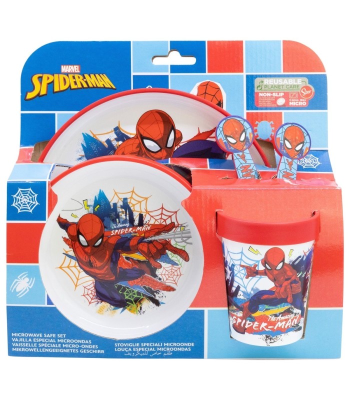 NON SLIP 5 PCS BICOLOR PREMIUM SET (PLATE, BOWL, TUMBLER, CUTLERY) IN STANDARD BOX SPIDERMAN MOVING TARGET