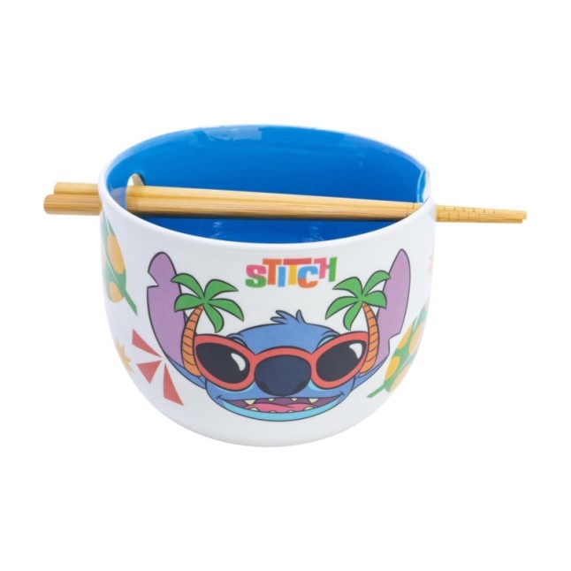 CERAMIC RAMEN BOWL WITH CHOPSTICKS IN GIFT BOX STITCH SUNNY LEAVES