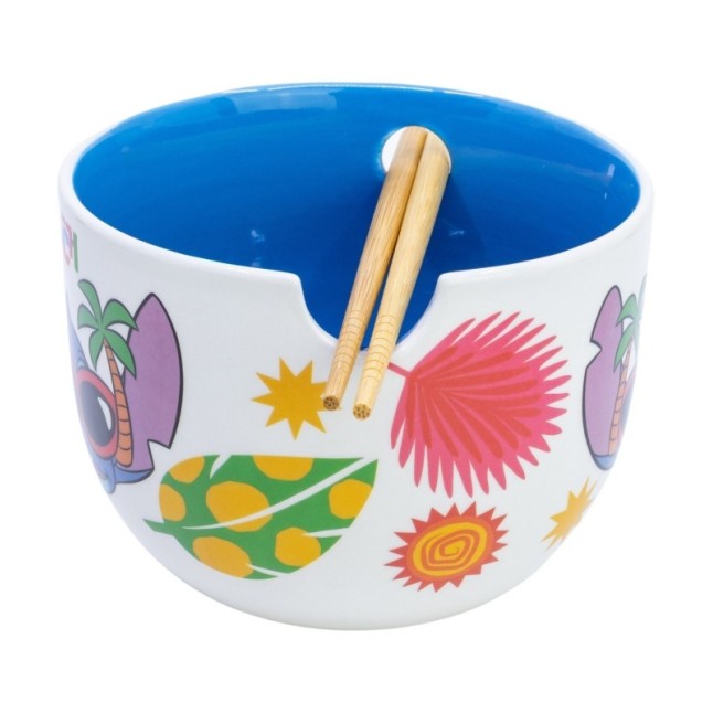 CERAMIC RAMEN BOWL WITH CHOPSTICKS IN GIFT BOX STITCH SUNNY LEAVES