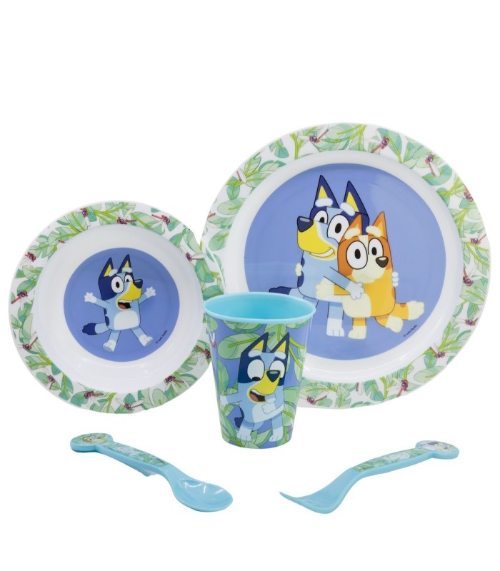 5 PCS  MCIRO SET (PLATE, BOWL, TUMBLER, CUTLERY) BLUEY