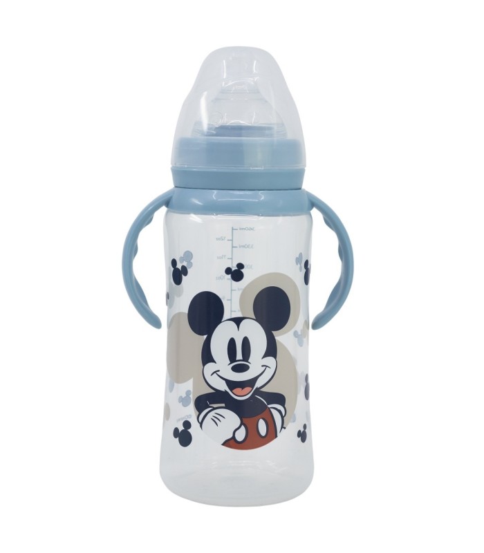 BABY 12 OZ WIDENECK BOTTLE SILICONE TEAT 3 POSITIONS WITH HANDLES MICKEY MOUSE FULL OF SMILES