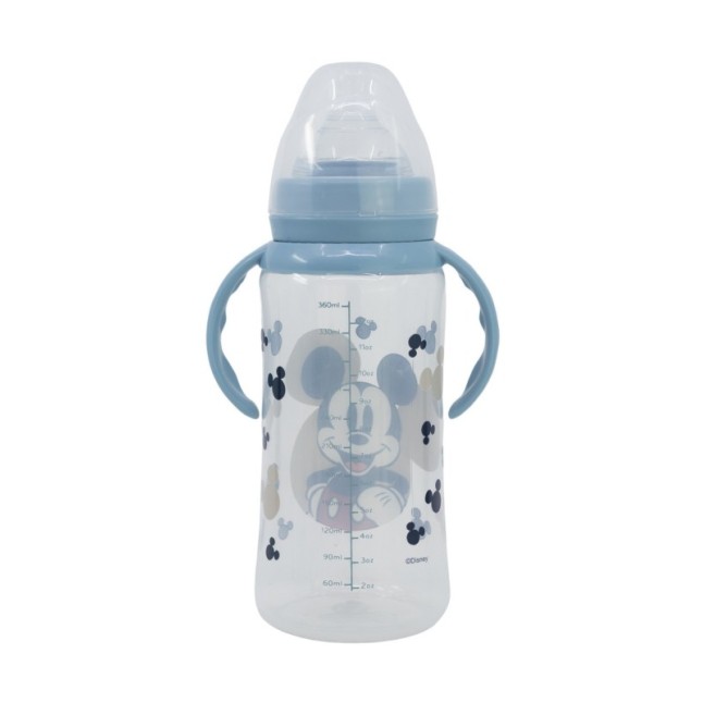 BABY 12 OZ WIDENECK BOTTLE SILICONE TEAT 3 POSITIONS WITH HANDLES MICKEY MOUSE FULL OF SMILES