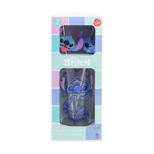 GLASS & TWIN STRAWS SET 480 ML STITCH ALOHA